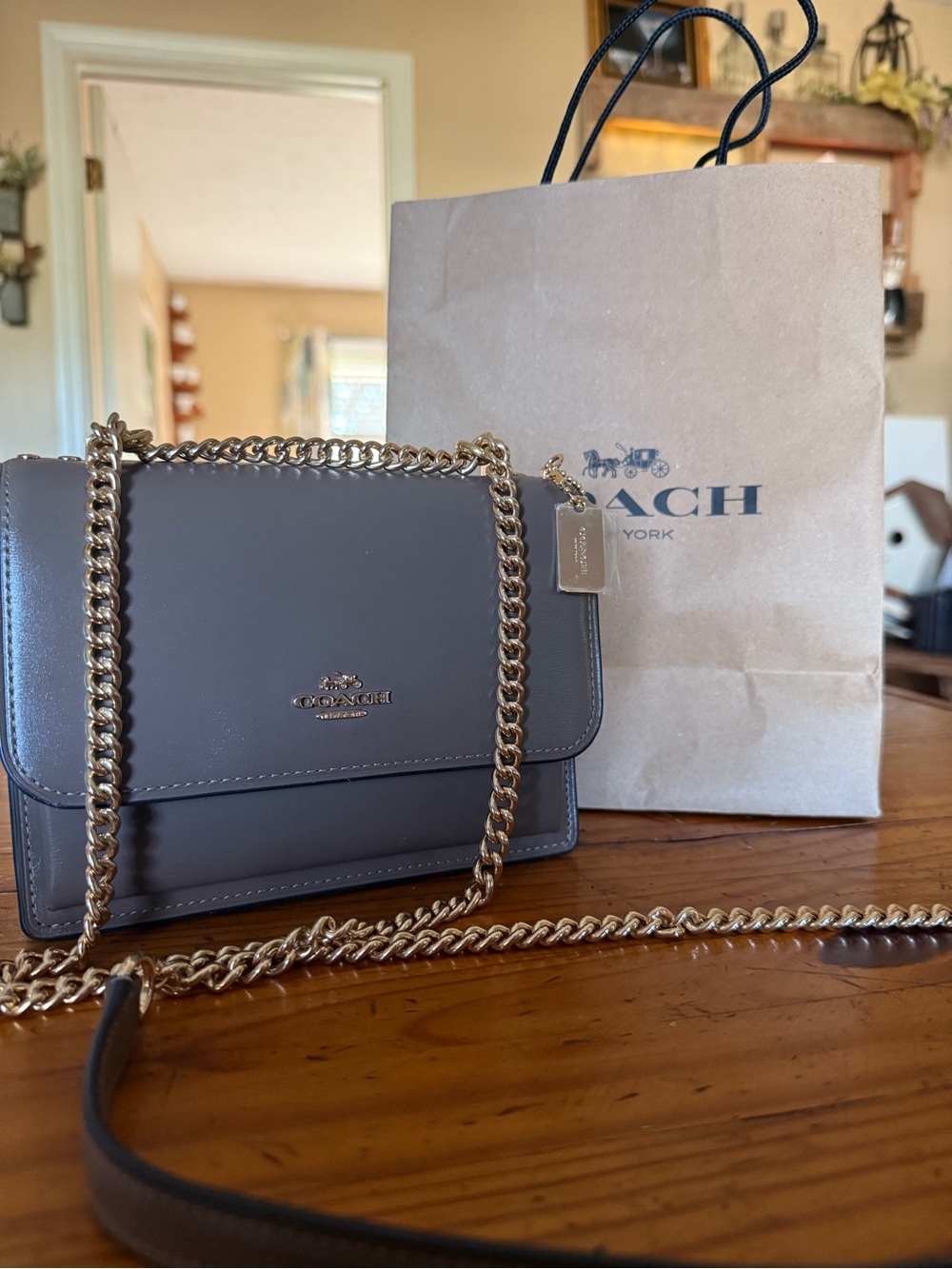Coach Gray Leather Chain Crossbody Bag with Gold Hardware
